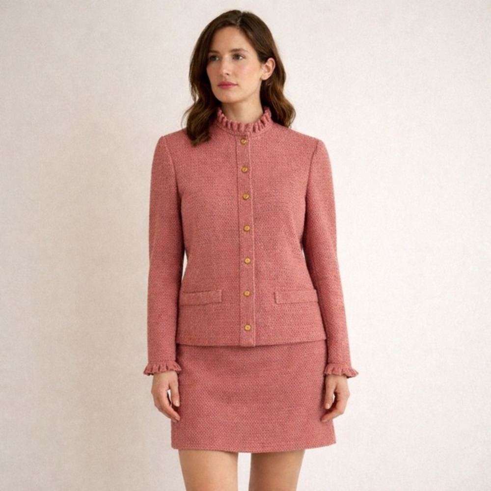 Vintage 70s 80s Castleberry Cardigan Skirt Set Size 8 Pink Knit Ruffle Classy